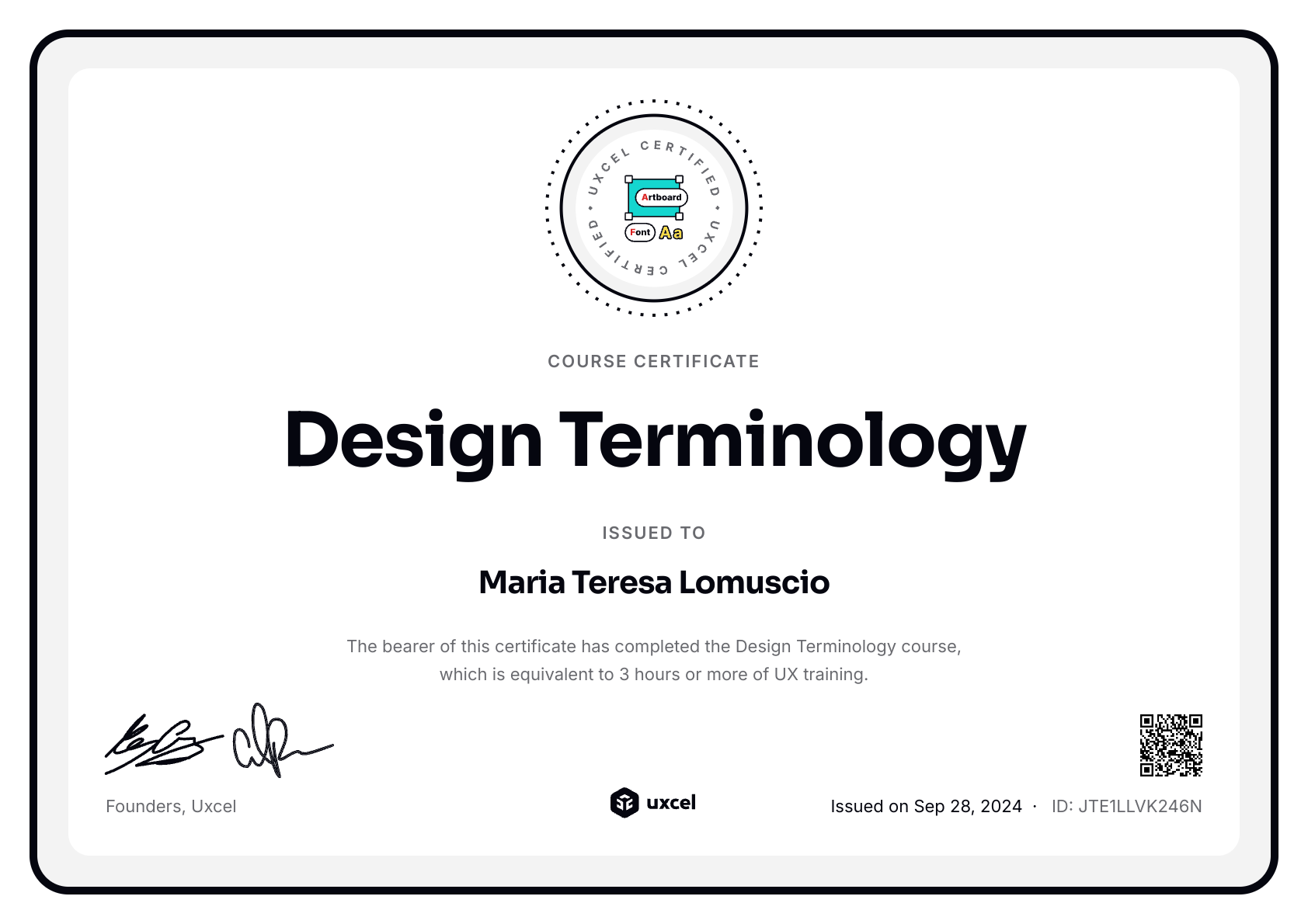 Maria Teresa Lomuscio's certificate